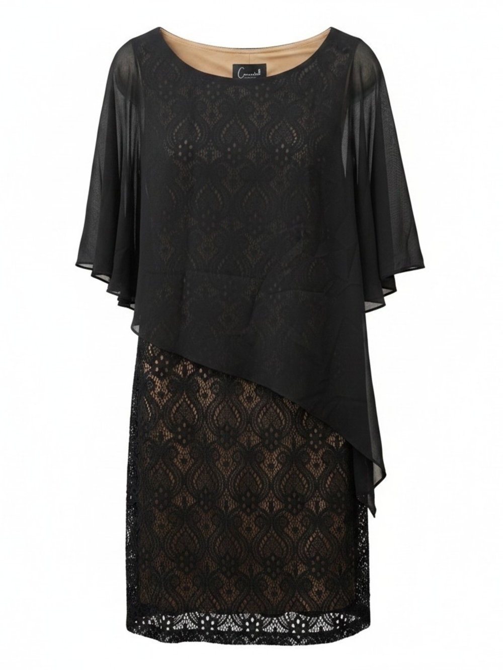 Connected Apparel Black Lace Asymmetric Cape Sleeve Dress - Size 6P
